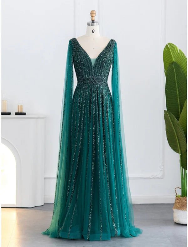 Luolandi A-Line Evening Gown Sparkle & Shine Dress Formal Fall Sweep / Brush Train Long Sleeve V Neck Sequined with Glitter Pleats Beautiful