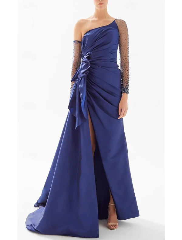Luolandi A-Line Evening Gown Formal Floor Length Long Sleeve One Shoulder Satin Prom Dress with Bow And Slit