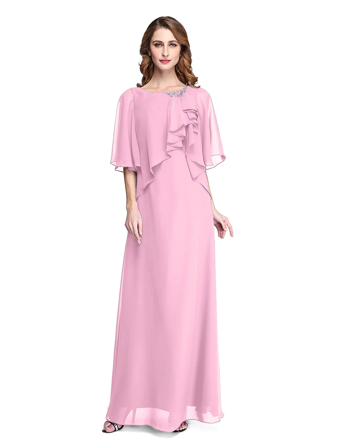 Luolandi Sheath / Column Mother of the Bride Dress Elegant Open Back Jewel Neck Floor Length Chiffon Half Sleeve with Pleats Beading
