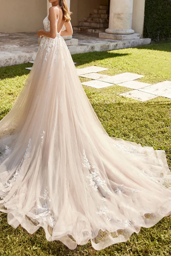 Luolandi A-shaped V-neck thin shoulder strap lace decal sheer summer wedding dress Open Back