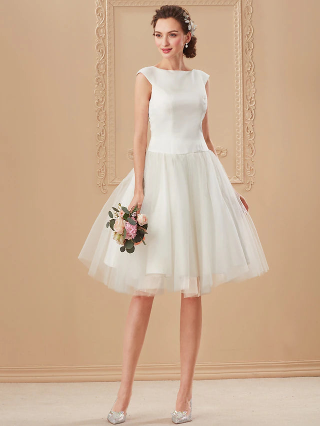 Luolandi Beach Little Dresses Wedding Dresses Knee Length A-Line Cap Sleeve Bateau Neck Satin