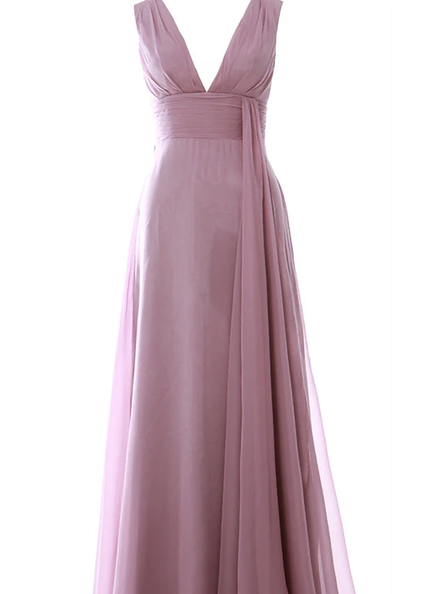 Luolandi A-Line Wedding Guest Dresses Elegant Dress Party Wear Floor Length Sleeveless V Neck Chiffon