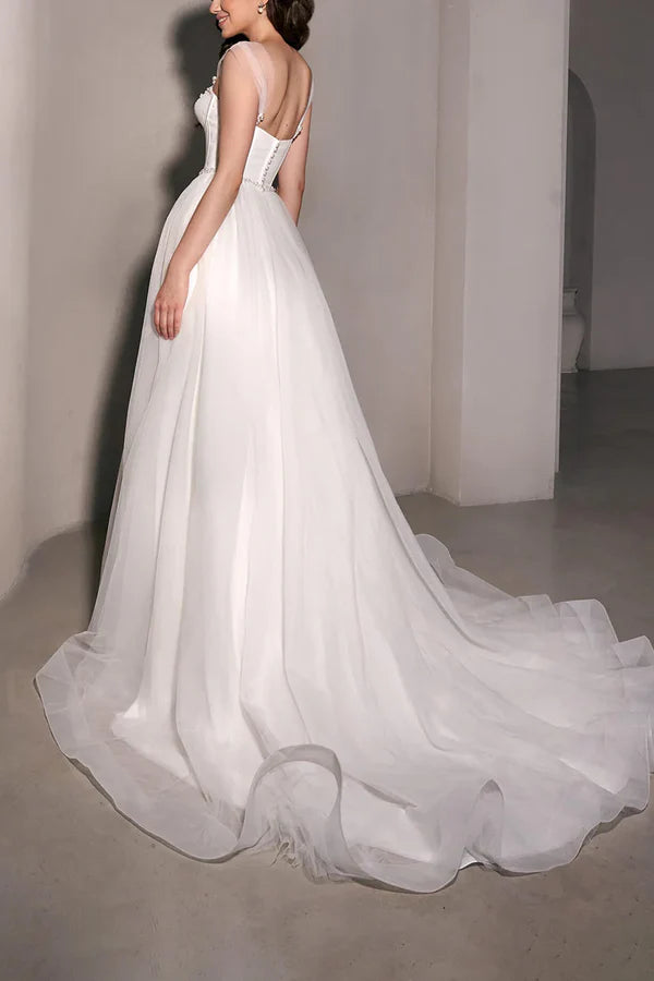 Luolandi A Line Sweetheart Pearl sheer minimalist wedding dress With Slit