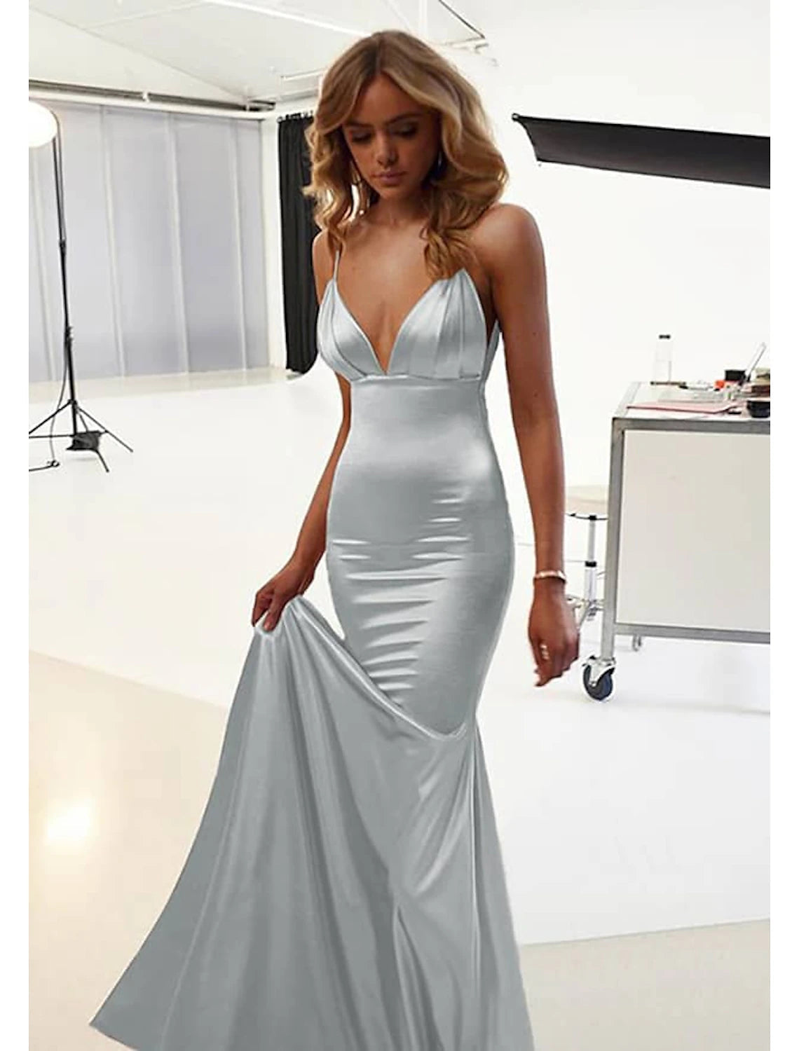 Luolandi Mermaid / Trumpet Wedding Guest Dresses Sexy Dress Prom Floor Length Sleeveless Spaghetti Strap Cotton Backless Party Dress