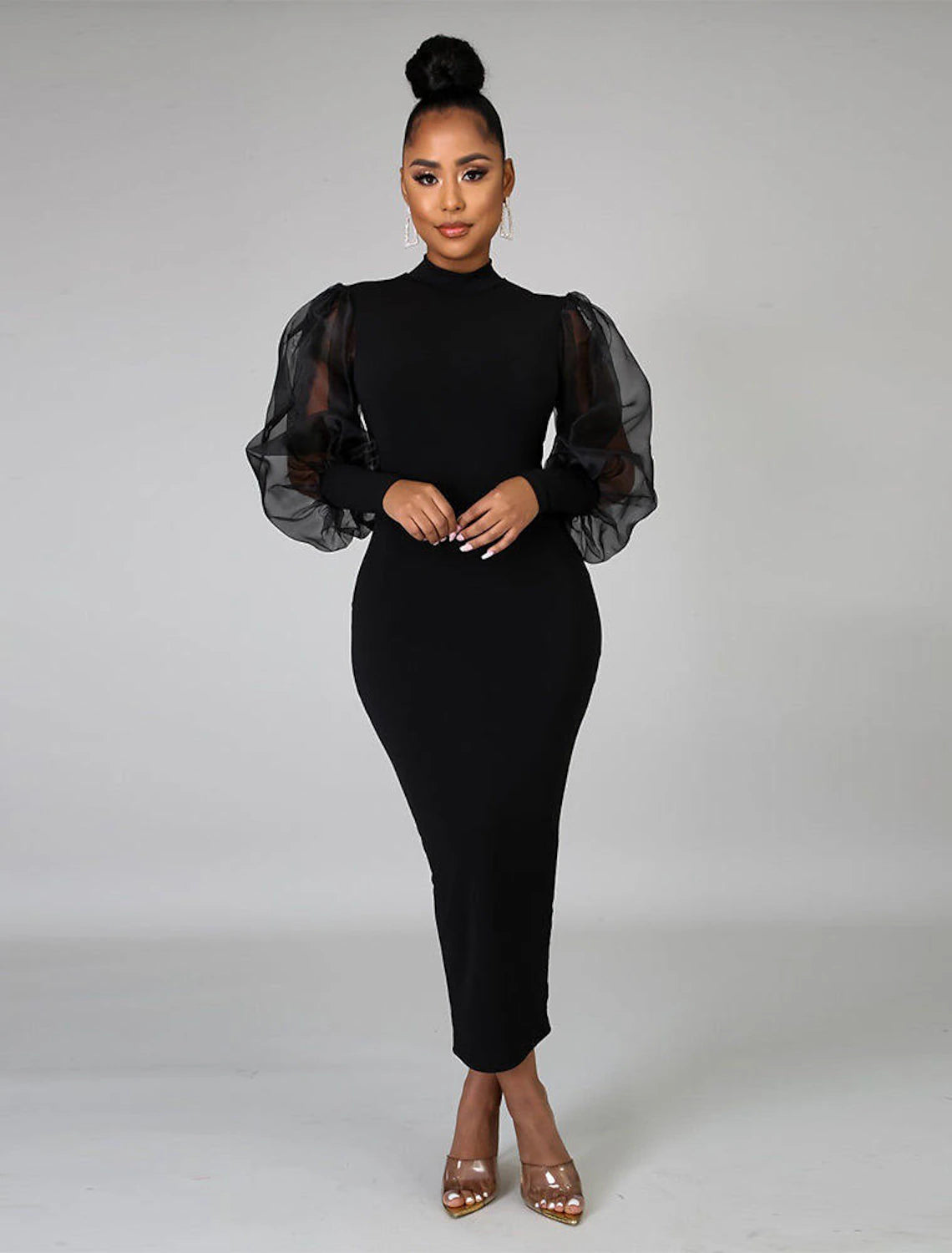 Luolandi Sheath / Column Cocktail Dresses Little Black Dress Dress Wedding Guest Tea Length Long Sleeve High Neck Fabric with Splicing