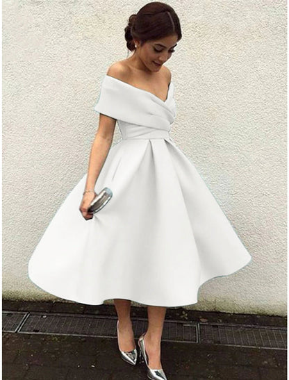 A-Line Cocktail Dresses 1950s Dress Wedding Guest Tea Length Short Sleeve V Neck Stretch Fabric V Back