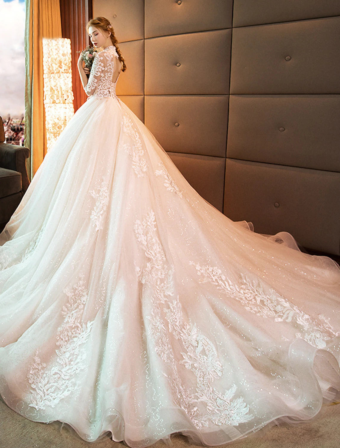 Luolandi Engagement Sparkle & Shine Formal Wedding Dresses Ball Gown High Neck Long Sleeve Cathedral Train Lace Bridal Gowns With Sequin