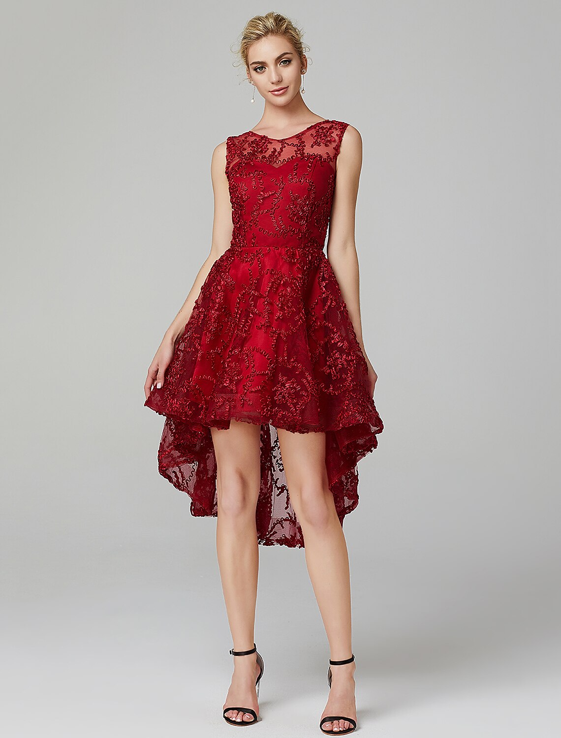 Luolandi A-Line Hot Dress Wedding Guest Cocktail Party Asymmetrical Sleeveless Illusion Neck Tulle