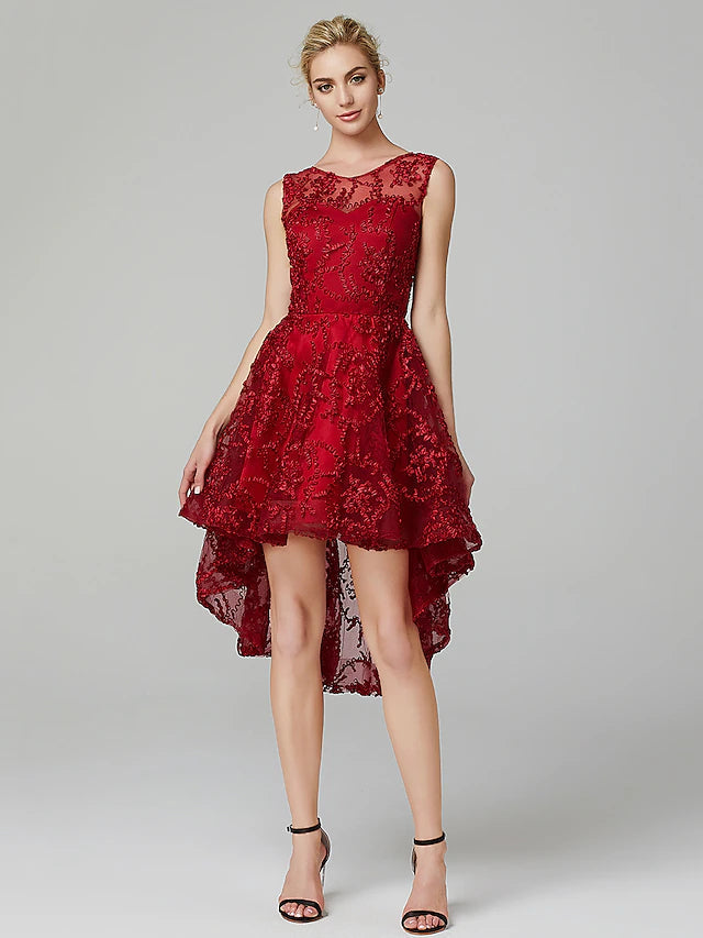 Luolandi A-Line Hot Dress Wedding Guest Asymmetrical Sleeveless Illusion Neck Tulle