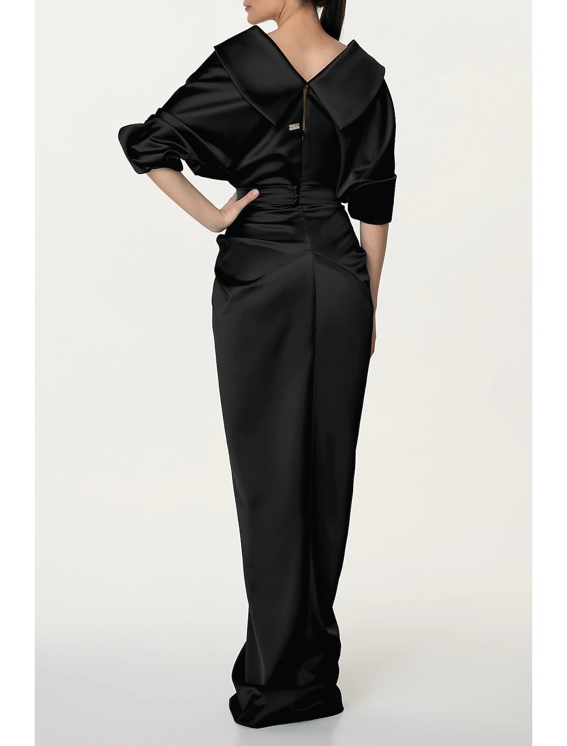 A-Line Evening Gown Black Dress Elegant Dress Formal Fall Sweep / Brush Train Half Sleeve V Neck Satin with Ruched