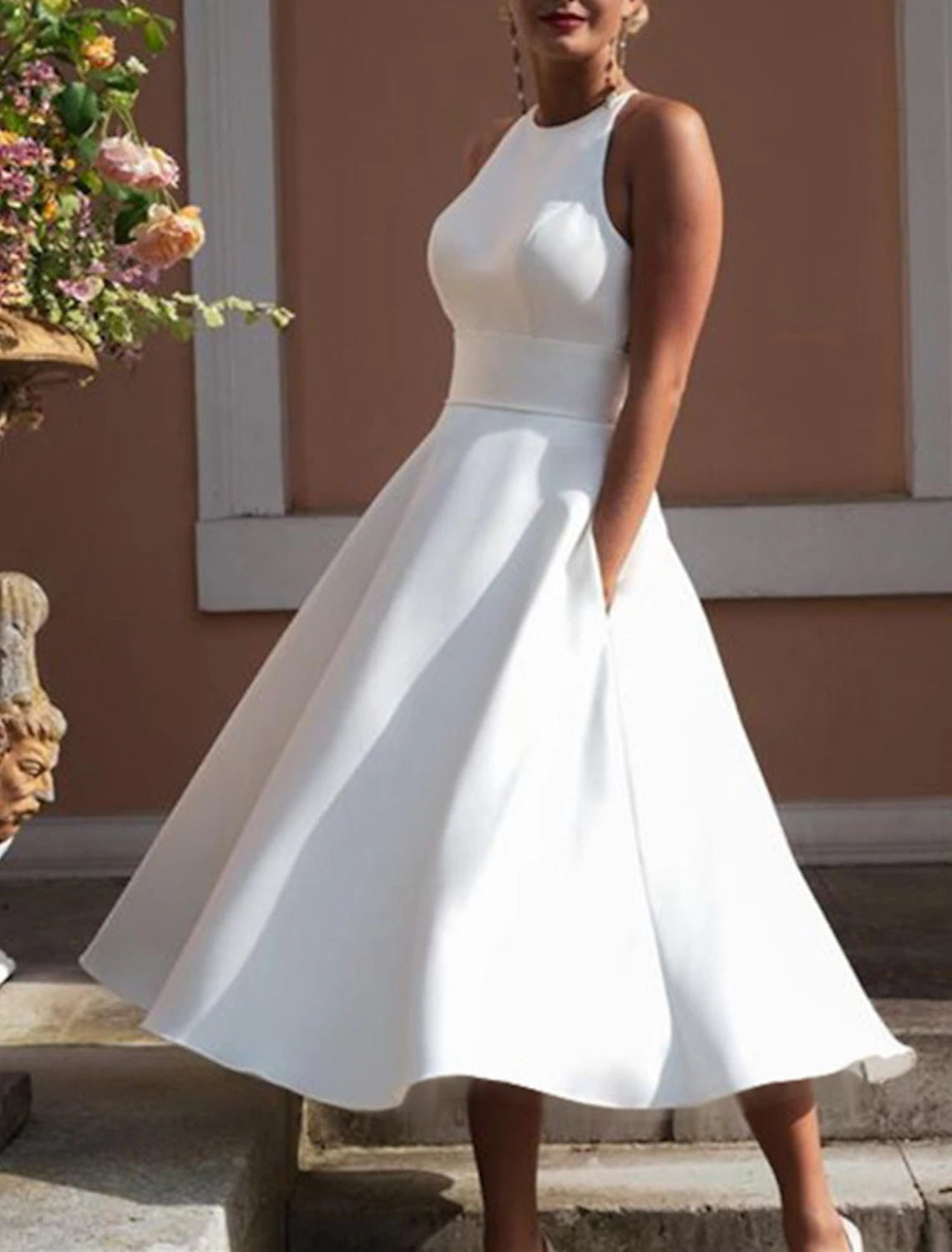 Luolandi Reception Little Dresses Wedding Dresses A-Line Halter Neck Sleeveless Tea Length Satin Bridal Gowns