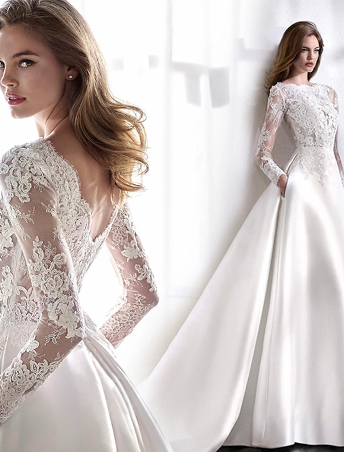 Luolandi Reception Formal Wedding Dresses A-Line Illusion Neck Long Sleeve Chapel Train Satin Bridal Gowns With Lace