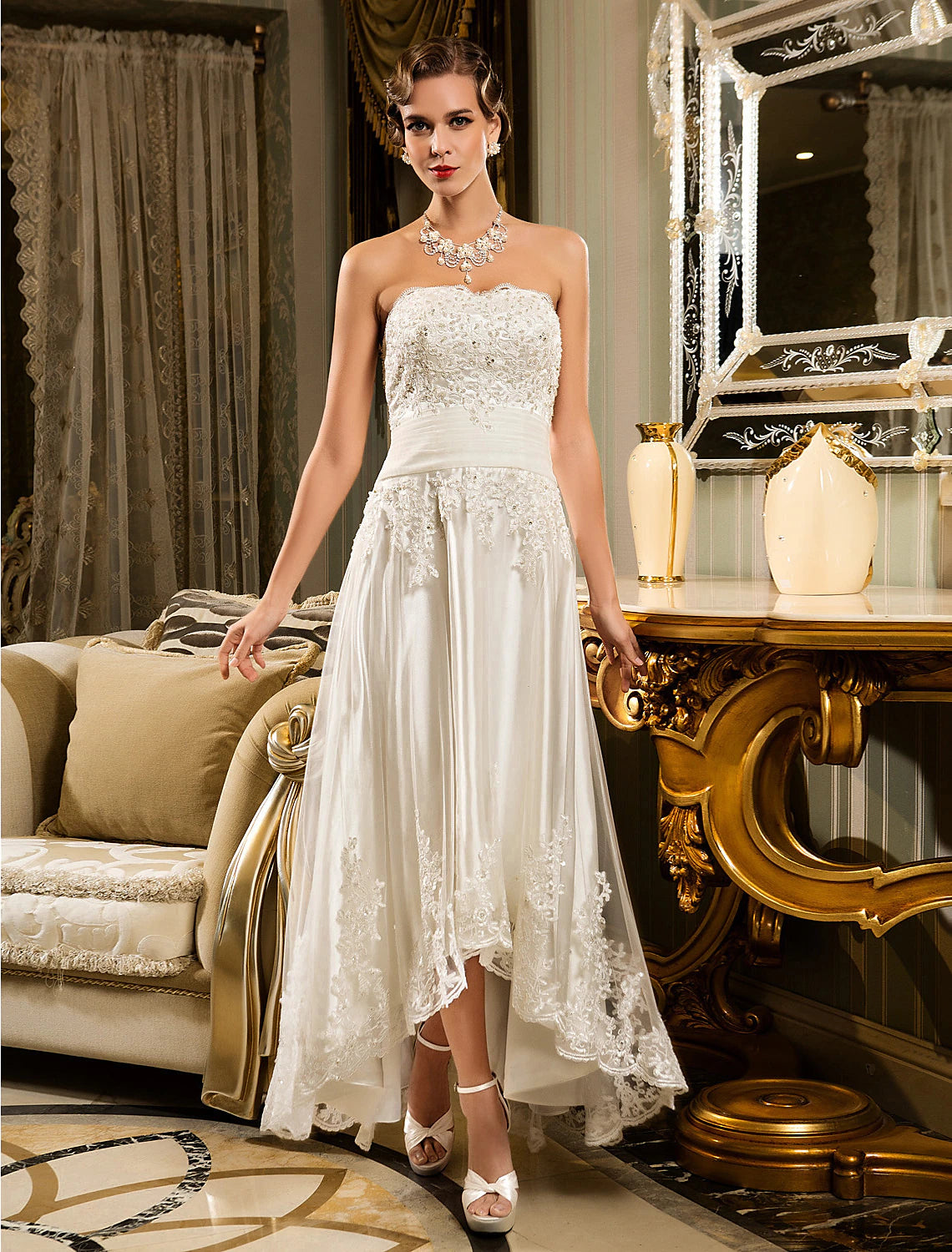 Luolandi Reception Little Dresses Wedding Dresses A-Line Sweetheart Strapless Asymmetrical Lace Bridal Gowns With Appliques