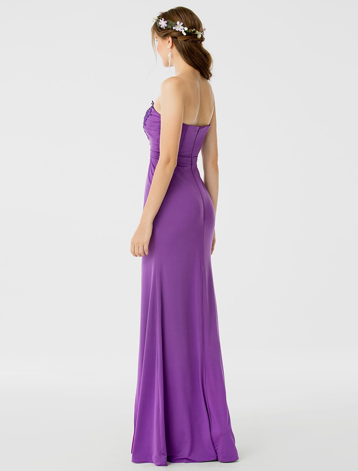Luolandi Sheath / Column Bridesmaid Dress Sweetheart Sleeveless Open Back Floor Length Jersey / Floral Lace with Sash / Ribbon / Appliques