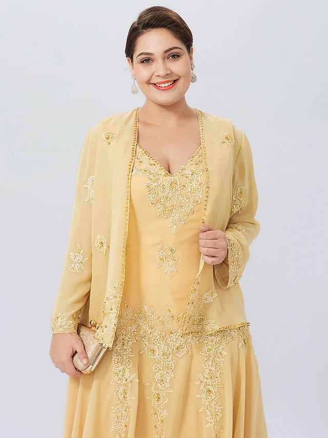 Luolandi A-Line Mother of the Bride Dress Formal Plus Size Elegant High Low V Neck Asymmetrical Chiffon Beaded Lace Long Sleeve Wrap Included with Beading