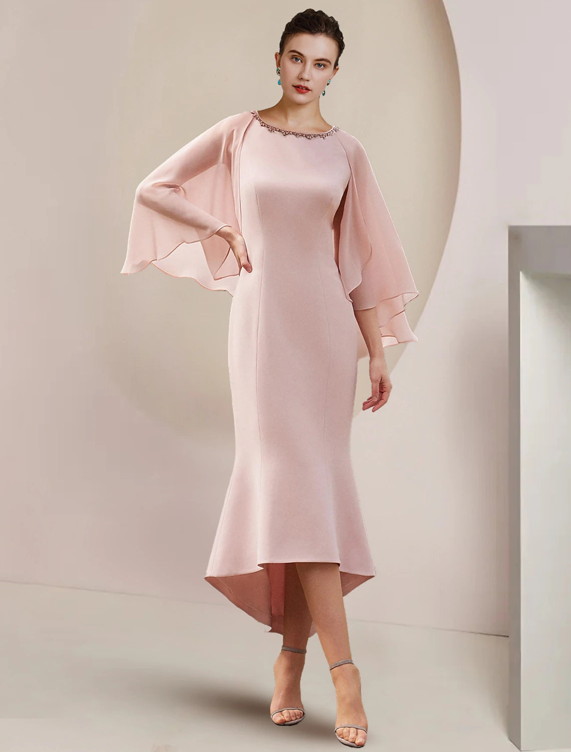 Luolandi Mermaid / Trumpet Mother of the Bride Dress Formal Wedding Guest Party Vintage Elegant Scoop Neck Asymmetrical Tea Length Chiffon Sleeveless