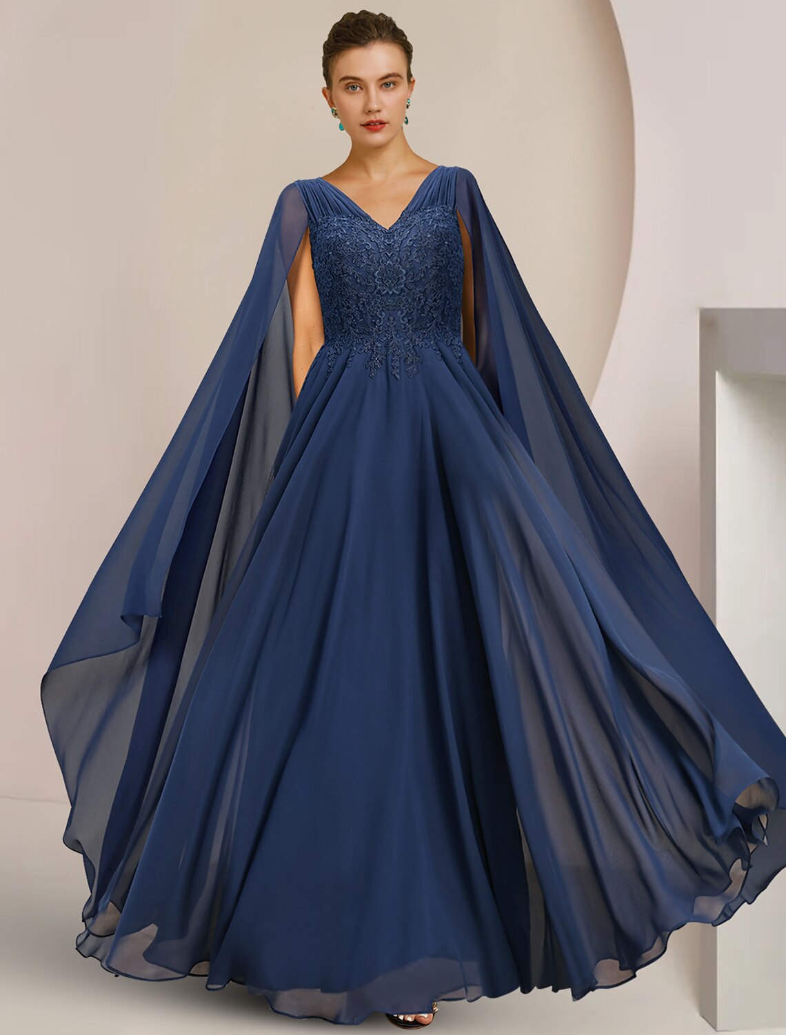 Luolandi A-Line Mother of the Bride Dress Formal Wedding Guest Elegant V Neck Floor Length Chiffon Lace Sleeveless with Pleats