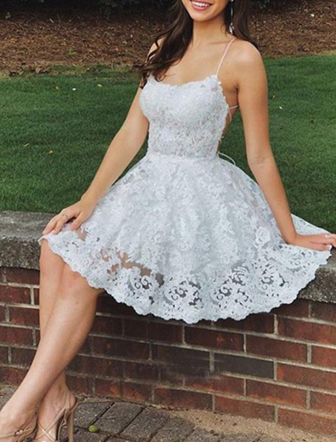 Luolandi A-Line Short Homecoming Dresses Holiday Sleeveless Spaghetti Strap Lace Graduation Dress