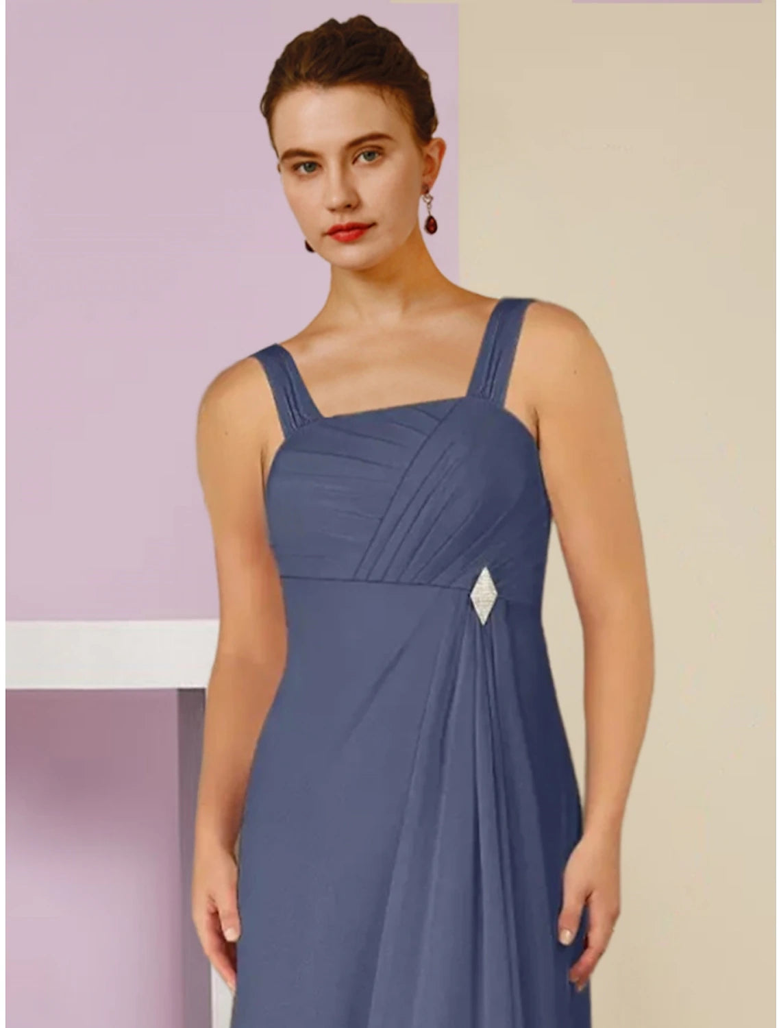 Luolandi A-Line Mother of the Bride Dress Wedding Guest Elegant Square Neck Ankle Length Chiffon Long Sleeve with Crystal Brooch