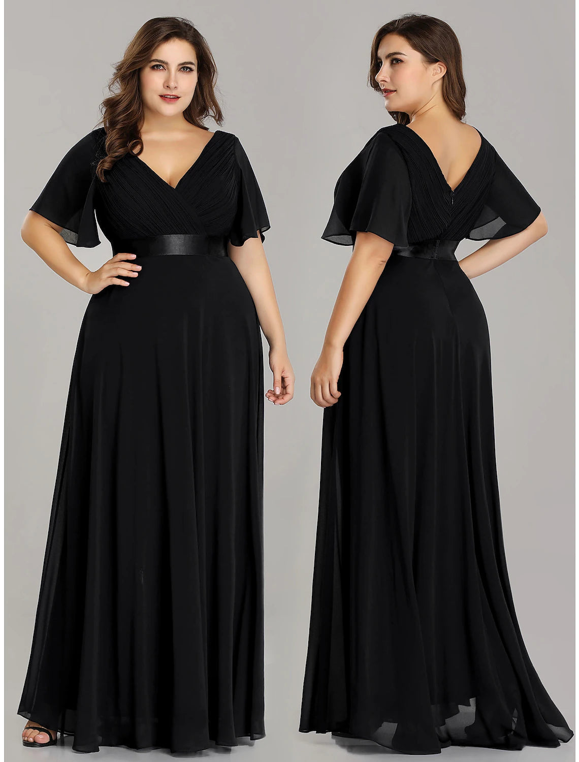Luolandi A-Line Empire Fall Wedding Guest Dress For Bridesmaid Plus Size Formal Evening Dress V Neck Short Sleeve Floor Length Chiffon