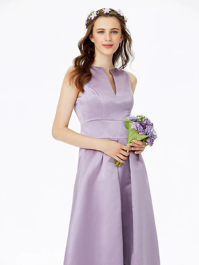A-Line Bridesmaid Dress Notched Sleeveless Elegant Floor Length Satin with Pleats