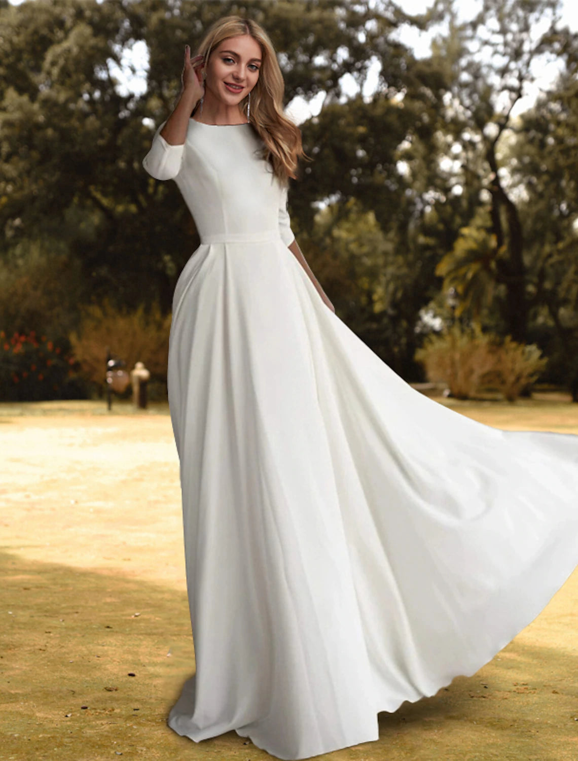 Luolandi Hall Casual Fall Wedding Dresses A-Line Scoop Neck 3/4 Length Sleeve Sweep / Brush Train Fabric Bridal Gowns With Pleats