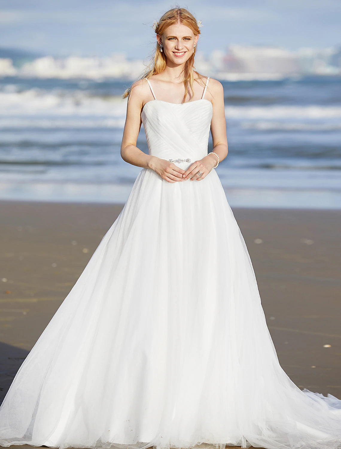 Luolandi Beach Wedding Dresses A-Line Spaghetti Strap Sleeveless Sweep / Brush Train Chiffon Bridal Gowns With Sashes