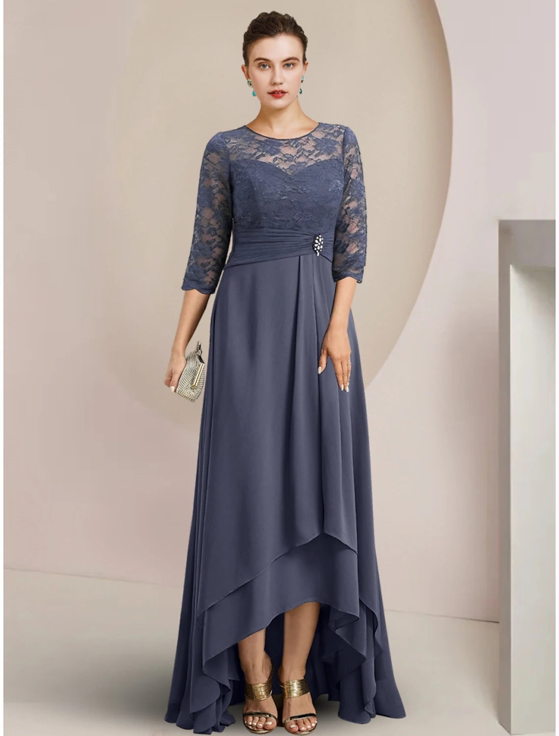 Luolandi A-Line Mother of the Bride Dress Wedding Guest Elegant Jewel Neck Asymmetrical Chiffon Half Sleeve with Lace Crystal Brooch