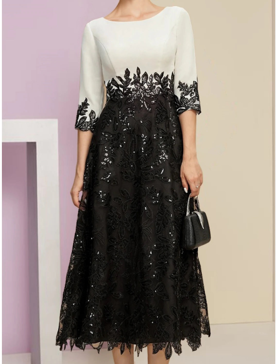 Luolandi A-Line Mother of the Bride Dress Wedding Guest Elegant Scoop Neck Tea Length Chiffon Half Sleeve with Lace Sequin