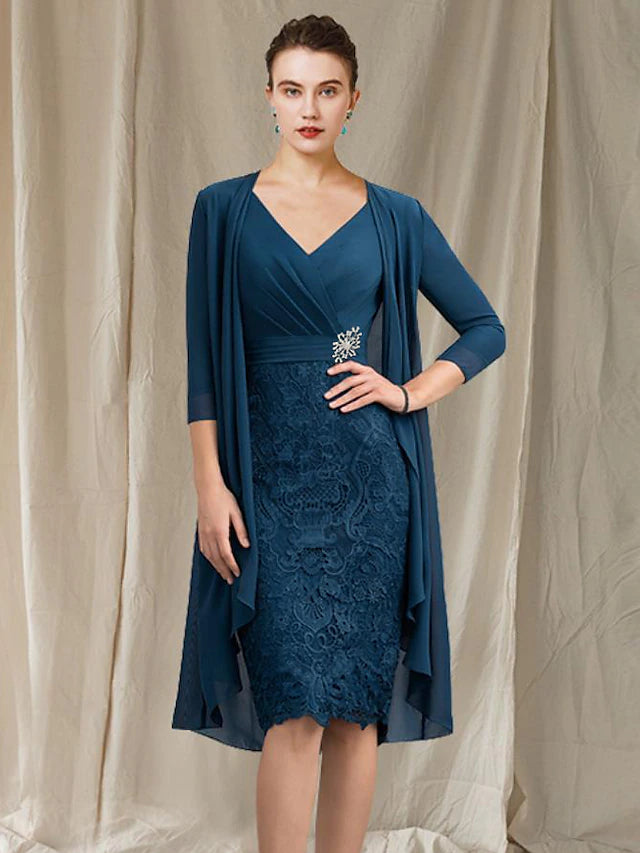 Luolandi Two Piece Sheath / Column Mother of the Bride Dress Church Elegant V Neck Knee Length Chiffon Lace Half Sleeve Jacket Dresses with Appliques Crystal