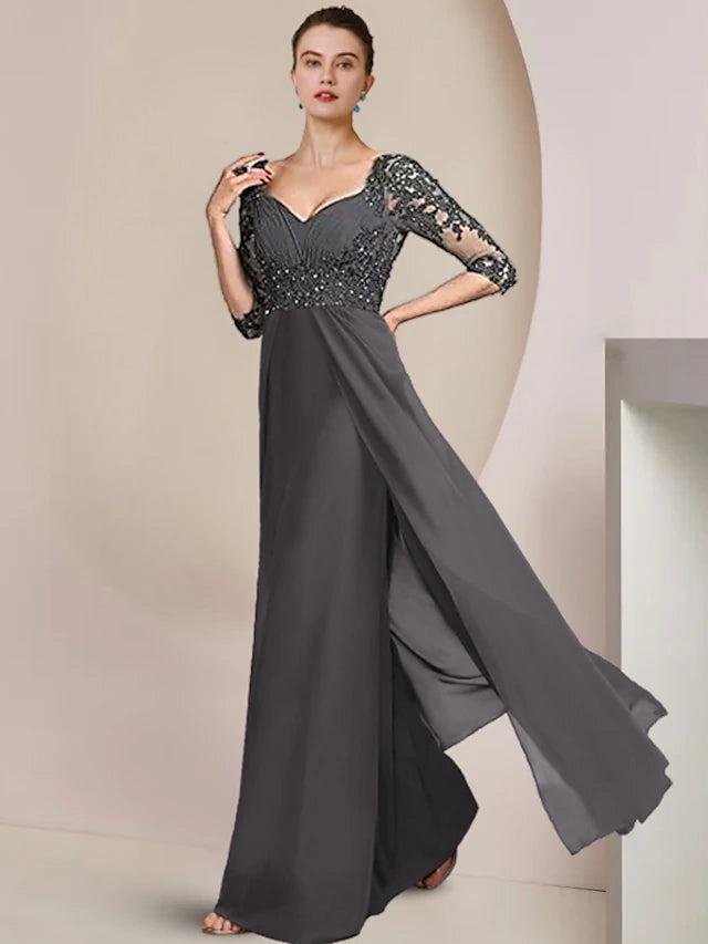 Luolandi Sheath / Column Mother of the Bride Dress Formal Wedding Guest Elegant Square Neck Floor Length Chiffon Lace 3/4 Length Sleeve with Sequin Appliques