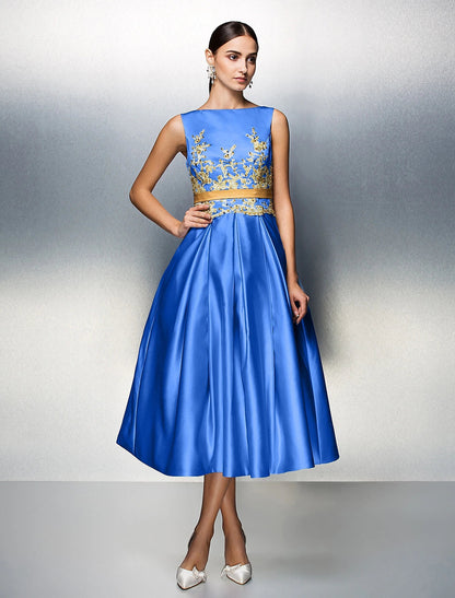 A-Line Cocktail Dresses Party Dress Wedding Guest Prom Tea Length Sleeveless Jewel Neck Satin V Back with Pleats