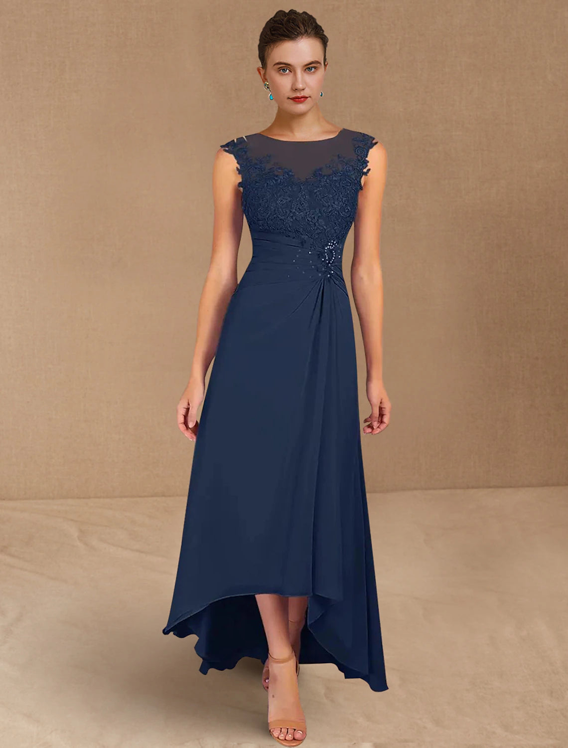 Luolandi A-Line Mother of the Bride Dress Formal Wedding Guest Elegant Jewel Neck Asymmetrical Chiffon Sleeveless with Lace Sequin