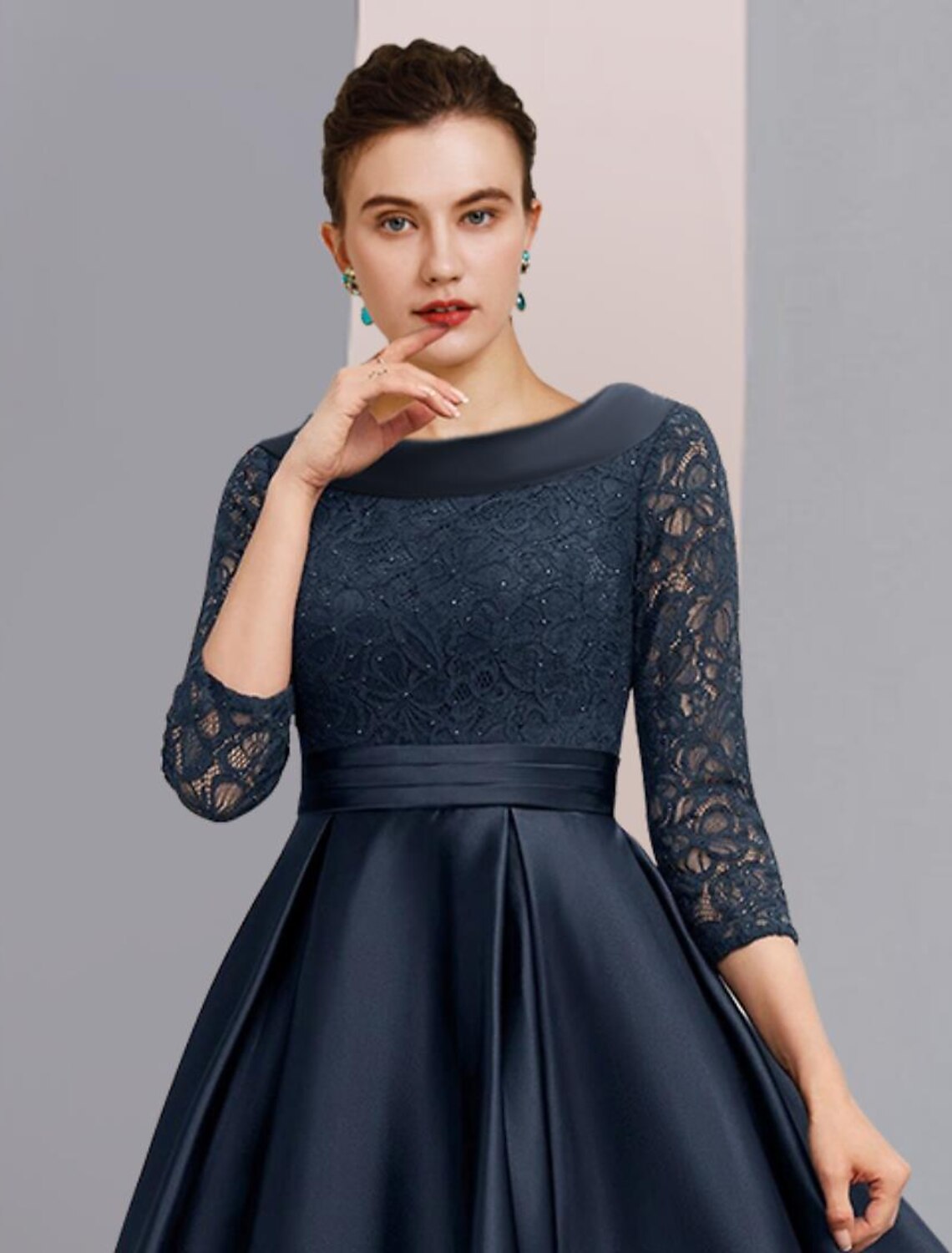 Luolandi A-Line Mother of the Bride Dress Formal Wedding Guest Elegant Vintage Bateau Neck Ankle Length Satin Lace 3/4 Length Sleeve with Pleats