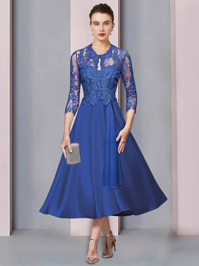 Luolandi Two Piece A-Line Mother of the Bride Dress Formal Church Party Elegant Strapless Tea Length Satin Lace Half Sleeve Wrap Included