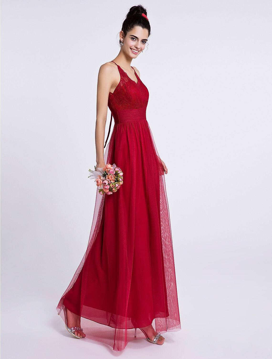 Luolandi Sheath / Column Bridesmaid Dress Halter Neck Sleeveless See Through Ankle Length Lace / Tulle