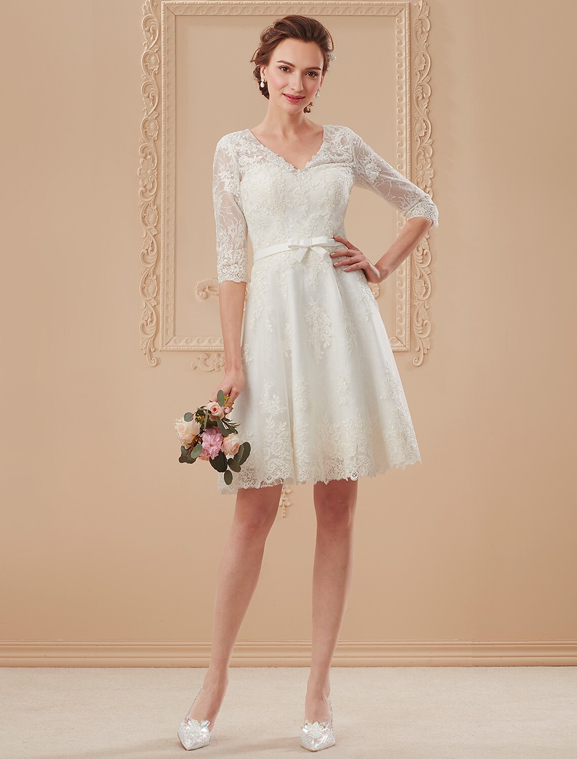 Luolandi Little Dresses Wedding Dresses Knee Length A-Line Half Sleeve V Neck Lace With Bowknot Sash