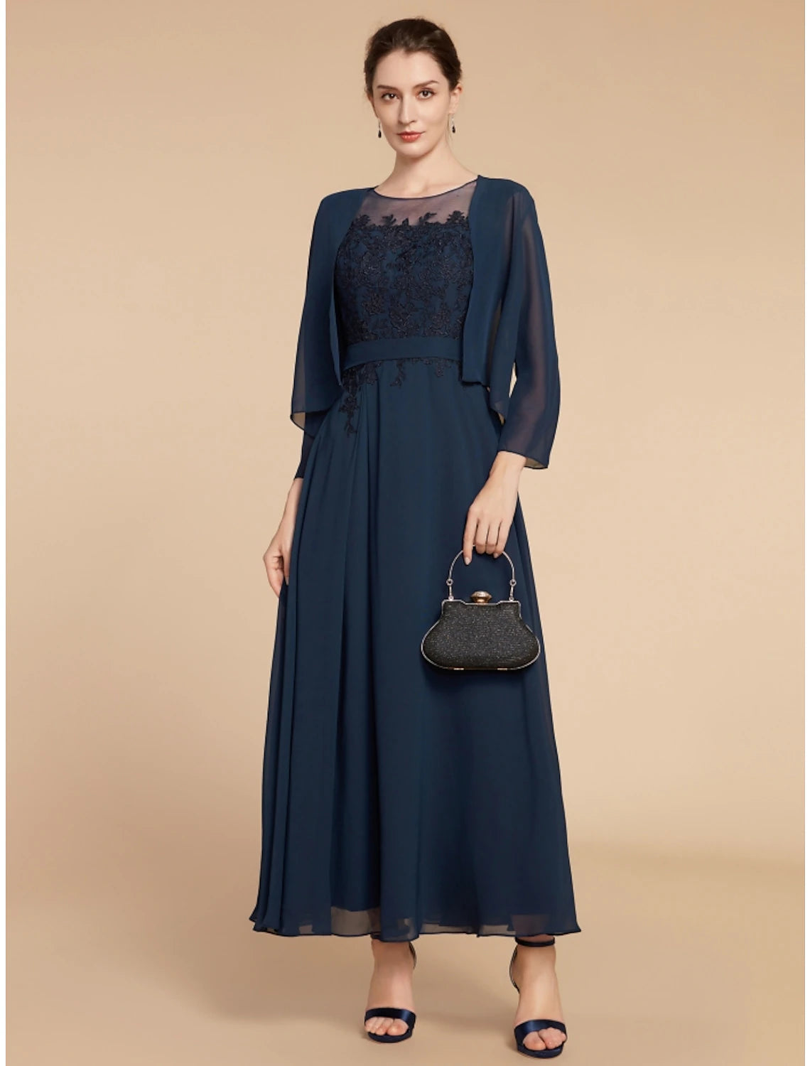 Luolandi A-Line Mother of the Bride Dress Wedding Guest Elegant Jewel Neck Ankle Length Chiffon Lace Long Sleeve with Ruching
