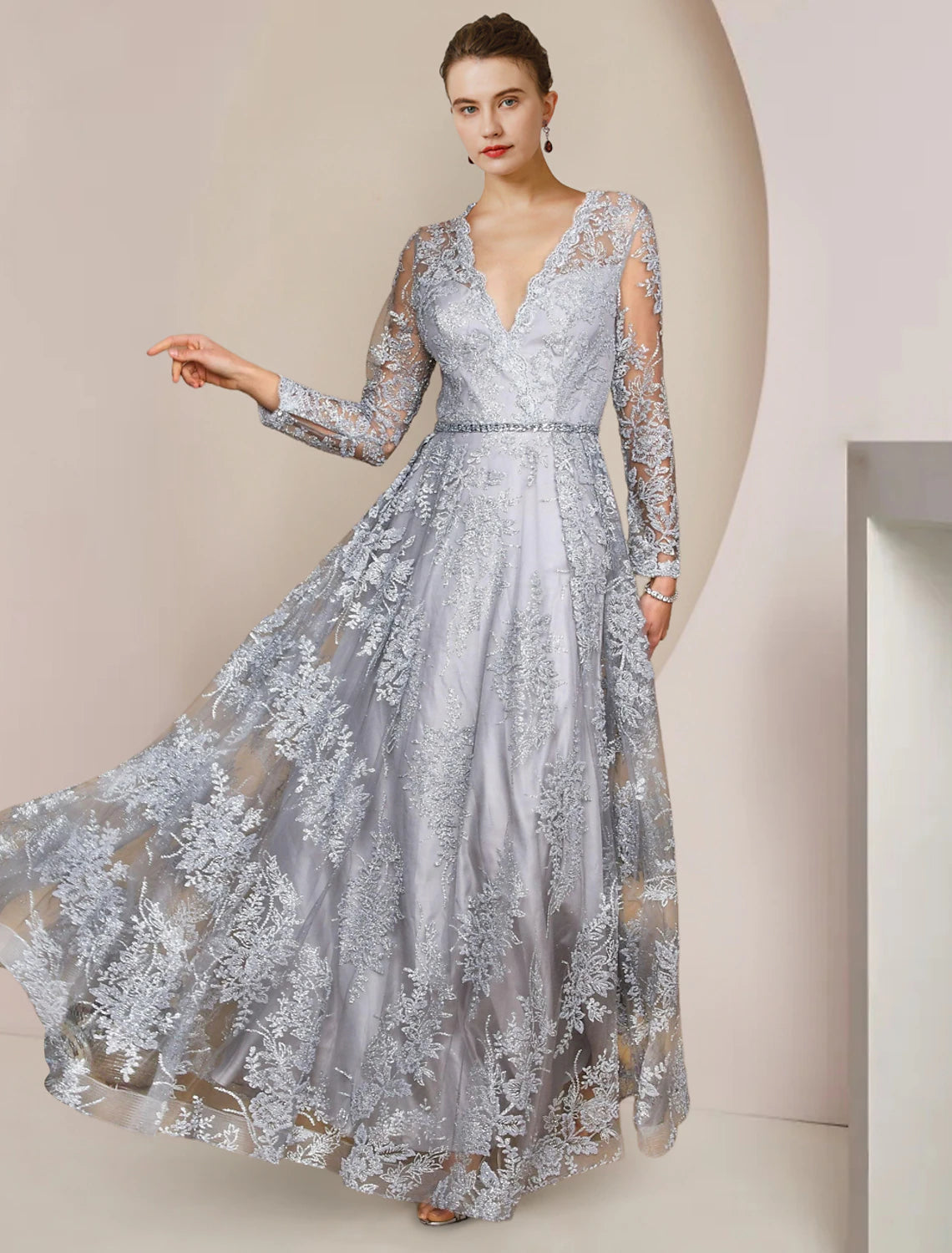 Luolandi A-Line Mother of the Bride Dress Formal Wedding Guest Elegant V Neck Floor Length Tea Length Lace Long Sleeve with Appliques Crystal