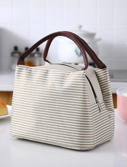 Striped Pattern Lunch Bag, Fashion Zipper Handbag, Waterproof Insulated Lunch Tote Bag For Picnic & Travel