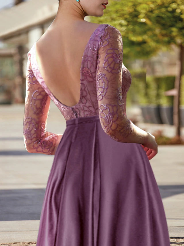 Luolandi A-Line Mother of the Bride Dress Formal Wedding Guest Elegant High Low Scoop Neck Tea Length Satin Lace 3/4 Length Sleeve with Pleats