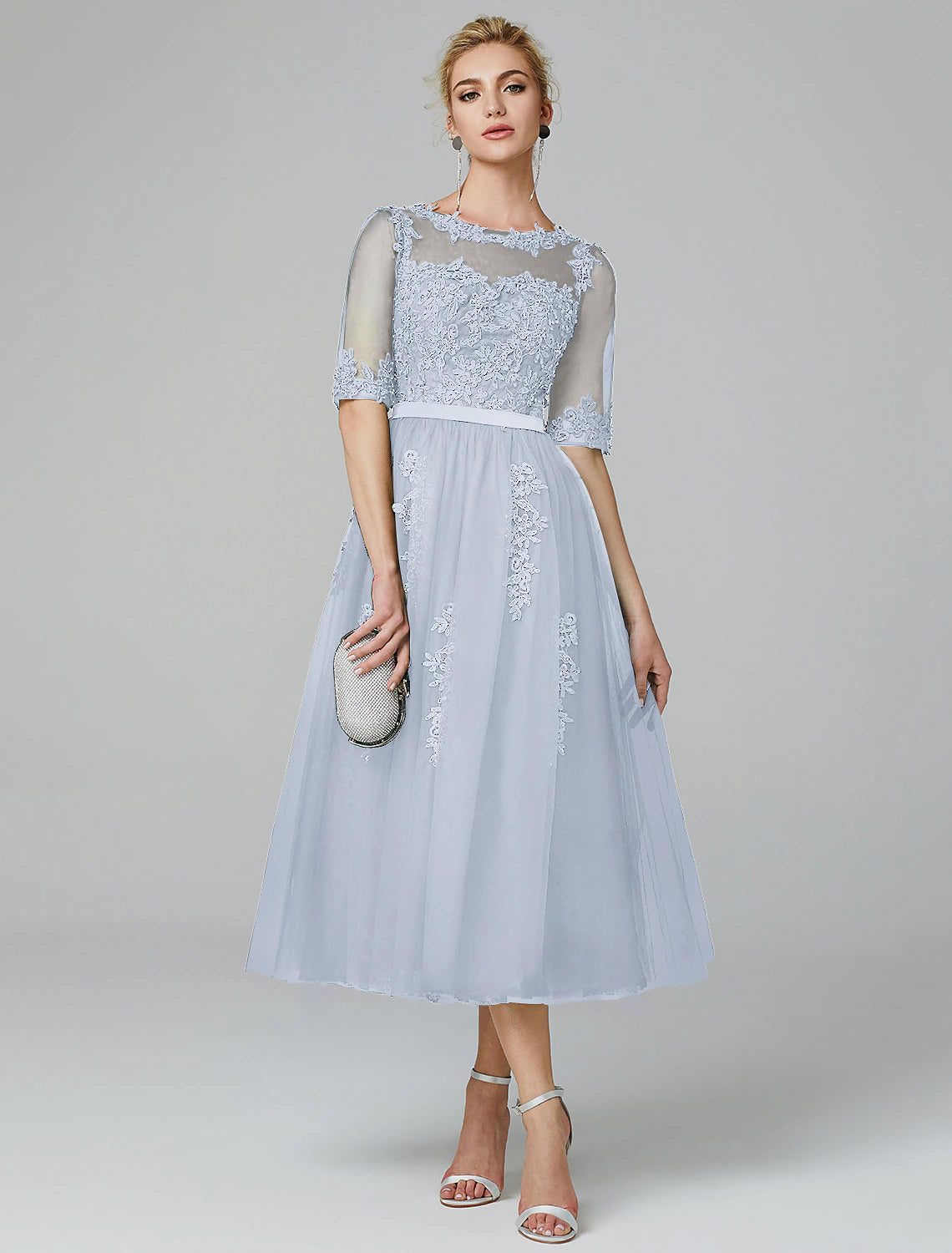 Luolandi A-Line Sparkle Dress Formal Evening Kentucky Derby Tea Length Sleeveless Illusion Neck Fall Wedding Guest Lace Over Tulle with Sequin