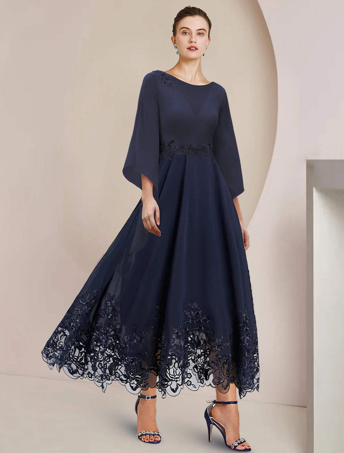 Luolandi A-Line Mother of the Bride Dress Wedding Guest Party Elegant Scoop Neck Tea Length Chiffon Lace 3/4 Length Sleeve