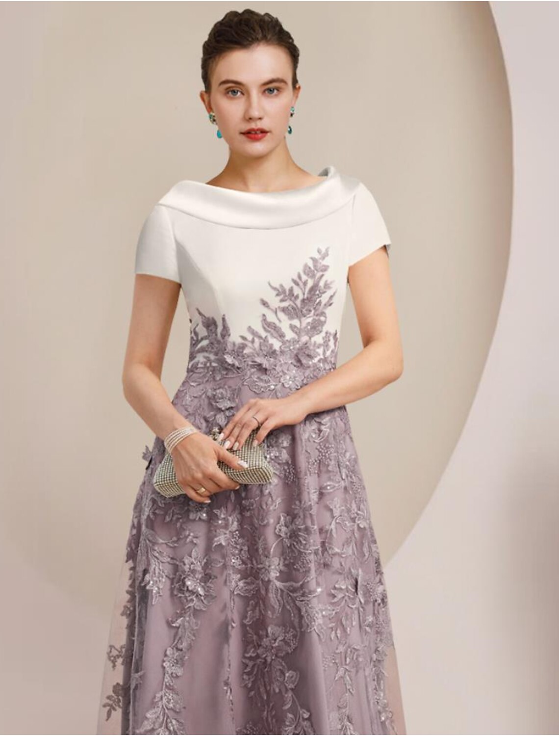 Luolandi A-Line Mother of the Bride Dress Formal Wedding Guest Elegant Scoop Neck Tea Length Satin Lace Short Sleeve with Sequin Appliques Color