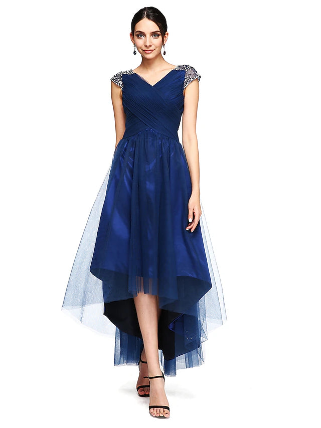 Luolandi A-Line Special Occasion Dresses Open Back Dress Wedding Guest Asymmetrical Short Sleeve V Neck Tulle with Criss Cross
