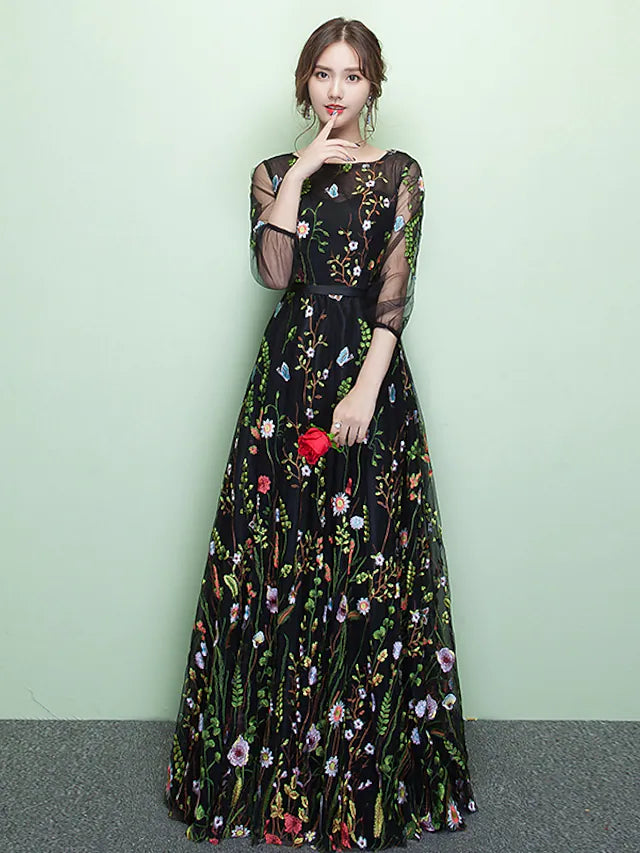 Luolandi A-Line Elegant Sparkle & Shine Formal Evening Dress Jewel Neck 3/4 Length Sleeve Floor Length Lace