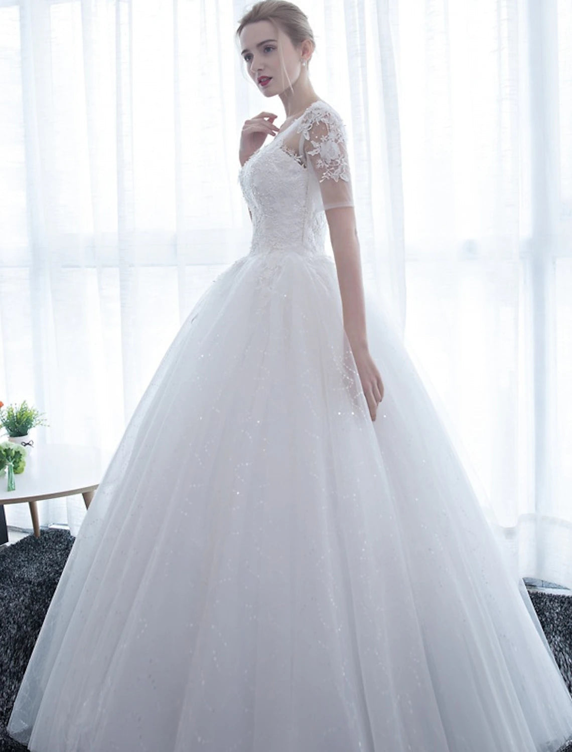 Luolandi Reception Formal Wedding Dresses Ball Gown Illusion Neck Half Sleeve Floor Length Satin Bridal Gowns