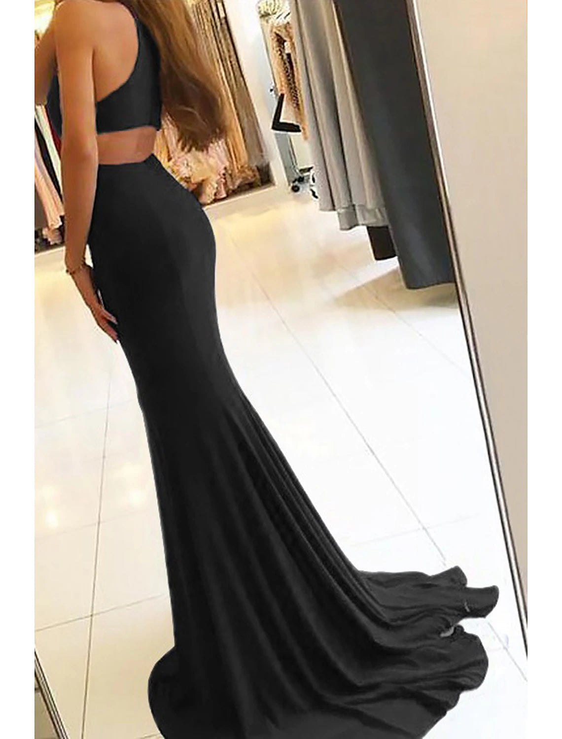 Luolandi Mermaid / Trumpet Evening Gown Bodycon Dress Formal Prom Court Train Sleeveless High Neck Fabric