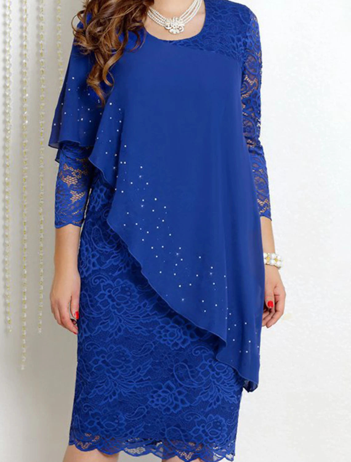 Luolandi Sheath / Column Mother of the Bride Dress Simple Elegant Jewel Neck Knee Length Chiffon 3/4 Length Sleeve with Lace