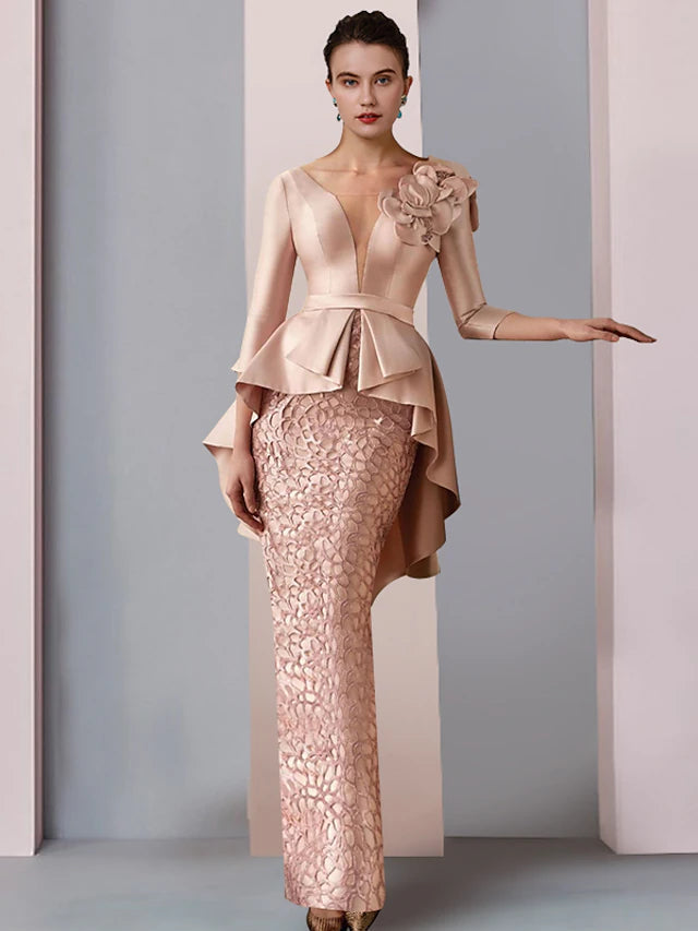 Luolandi Sheath / Column Mother of the Bride Dress Wedding Guest Party Elegant V Neck Floor Length Satin Lace 3/4 Length Sleeve with Flower